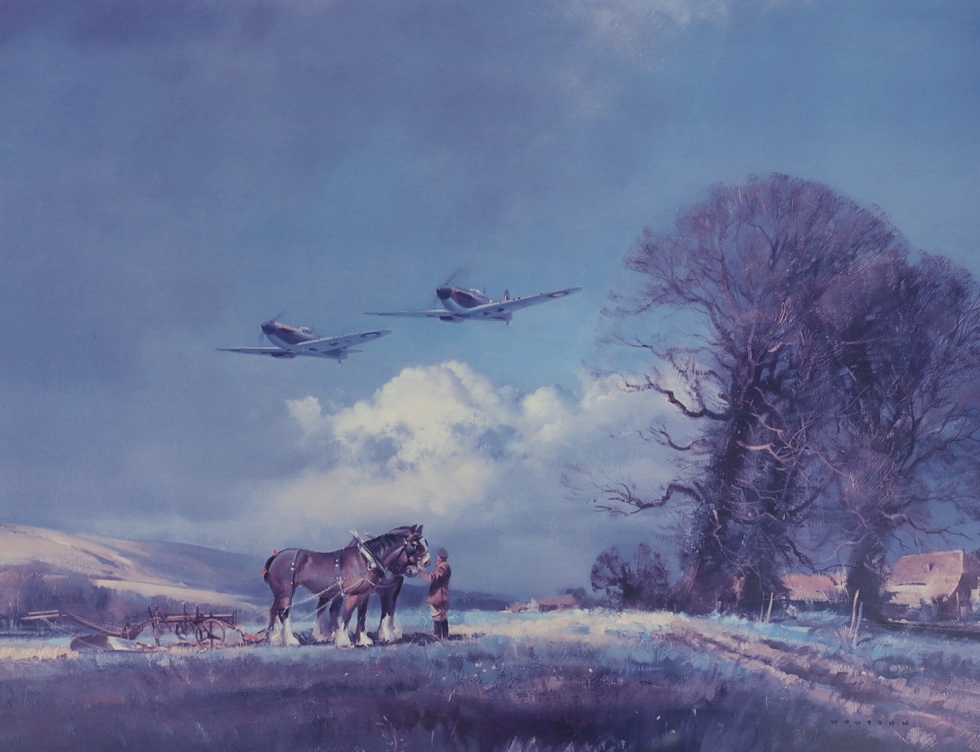 Frank Wooton, three limited edition prints; ‘Steady There, Them’s Spitfires’, 183/630, signed in pencil, 44 x 53cm, ‘Down on the Farm’, 839/1000, signed in pencil, 58 x 74cm, and ‘Under the Downs’, 22/850, signed in penc